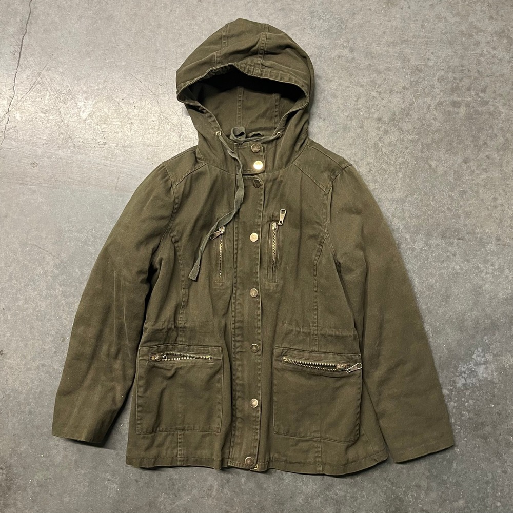 Zenana Outfitters Olive Green Utility Jacket Hooded Military Field Coat Medium
